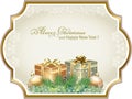 Merry Christmas 2024 Greeting card with gifts and New Year decoration in a gold original frame. Royalty Free Stock Photo